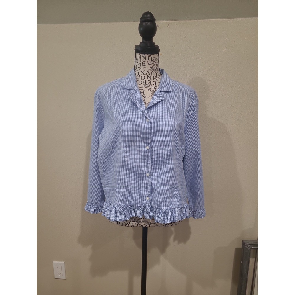 Cottage Core Nautical Blue White Micro Check button‎ front Top cotton Women SZ L
